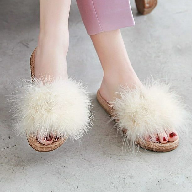 Womens Fur Fluffy Sliders Sandals Flat Comfy Slides Slippers Casual Summer Shoes